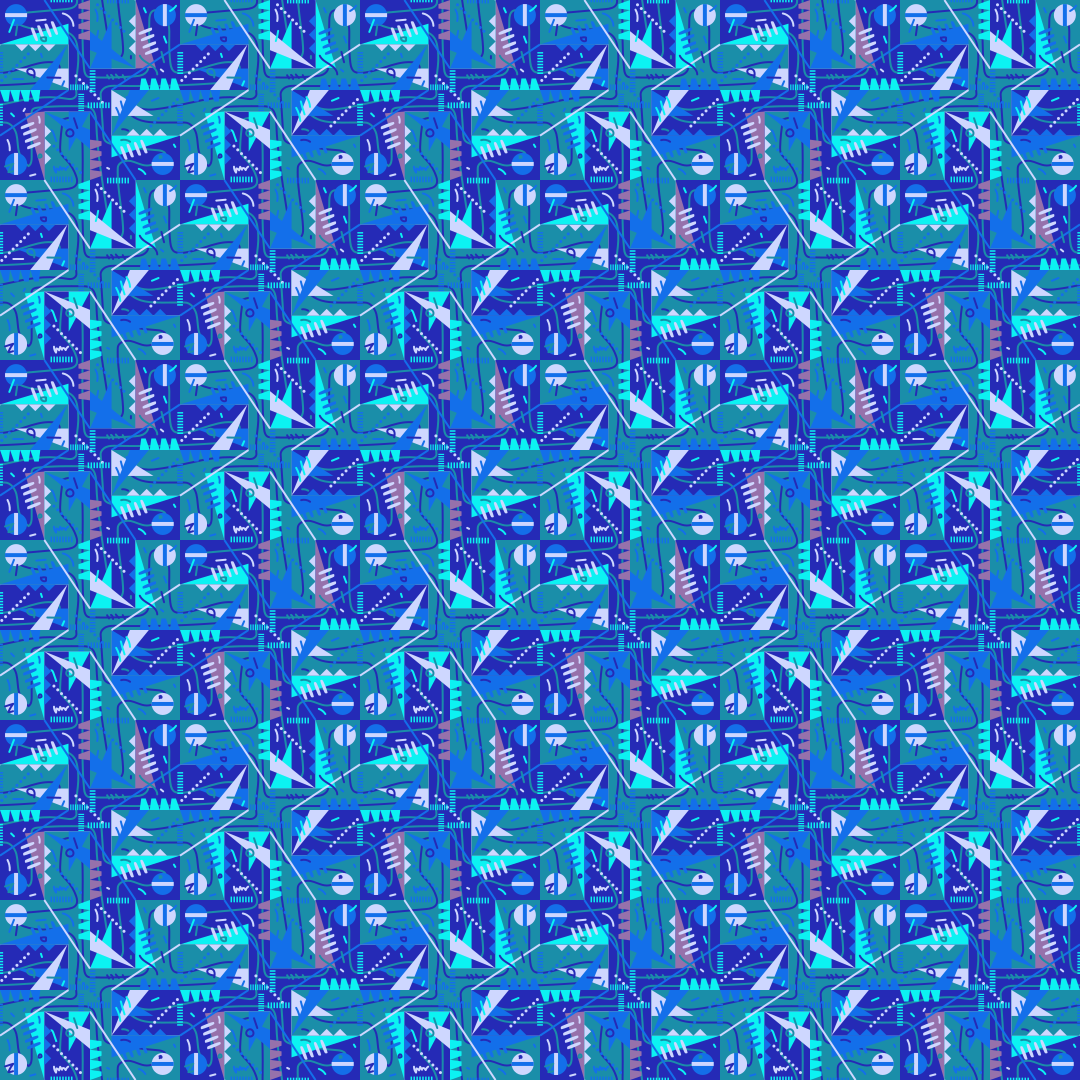 Un motivo senza soluzione di continuità di forme geometriche blu, linee e simboli astratti