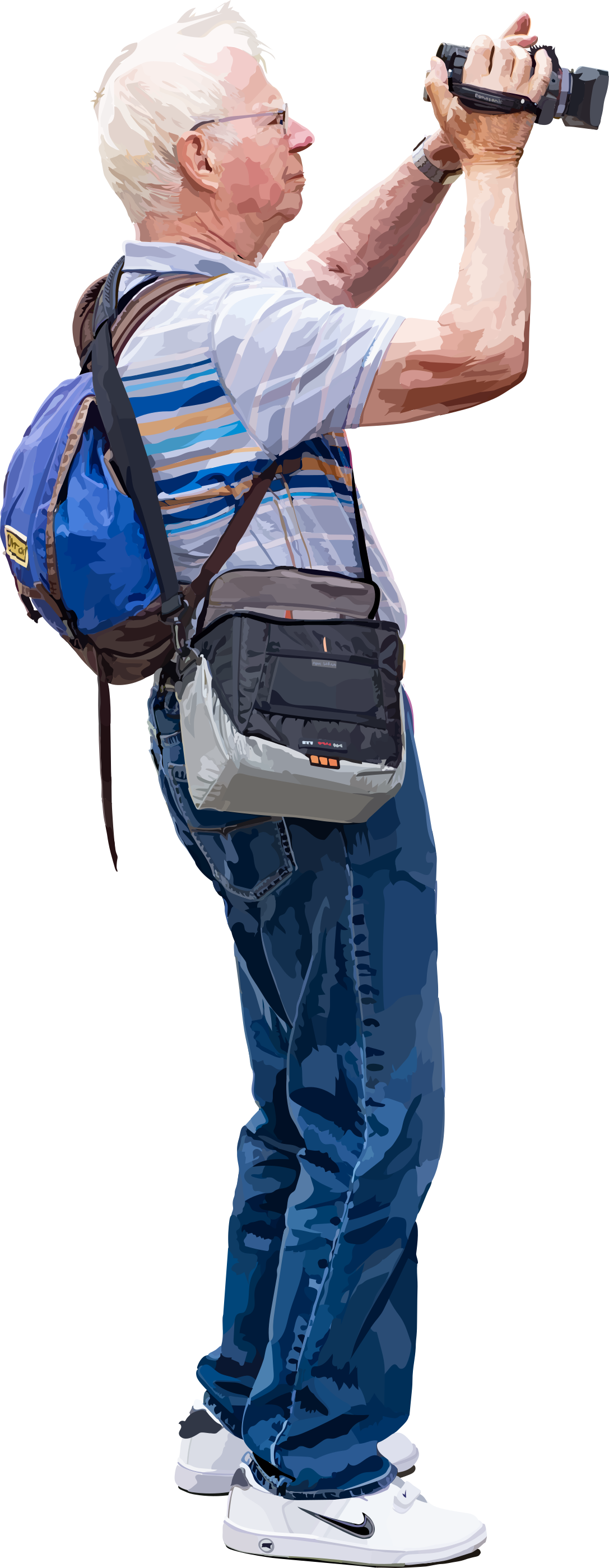 Ein erwachsener Mann mit weißen Haaren, der ein gestreiftes Hemd und Rucksack trägt, filmt.