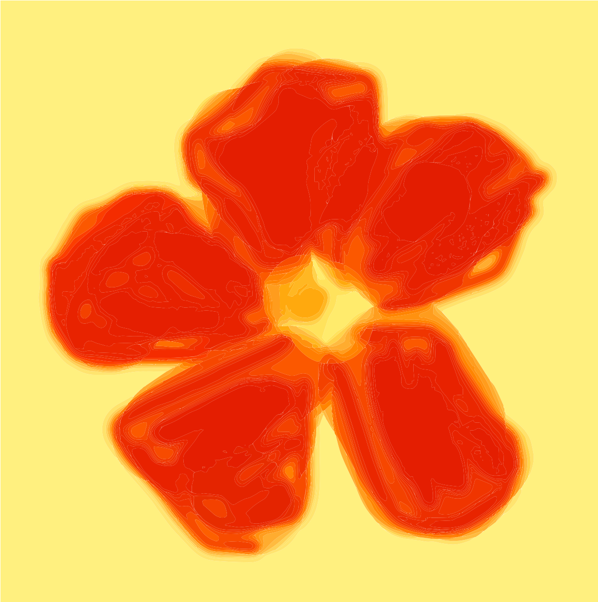 A stylized red flower with layered contours on a pale yellow background