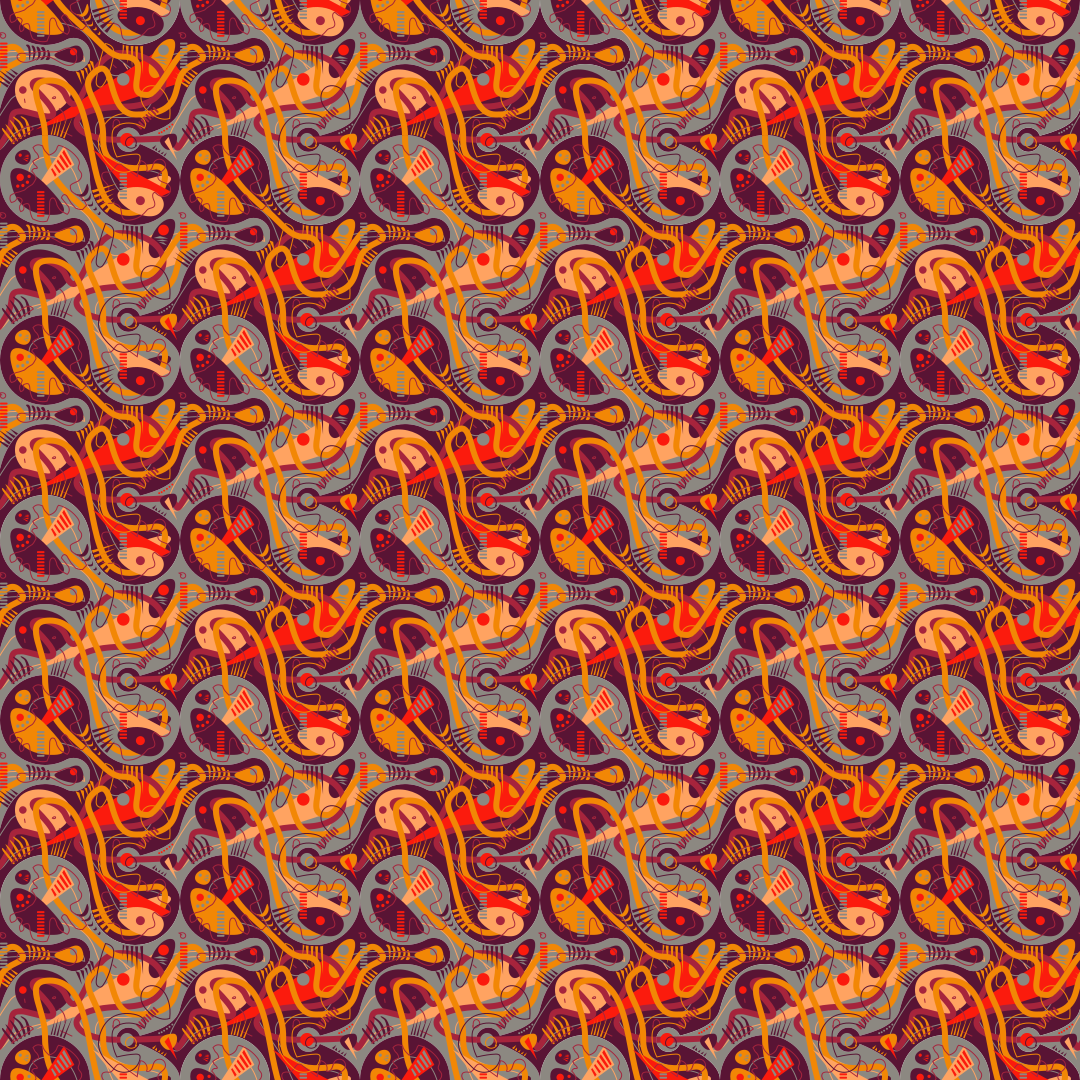 Ein sich wiederholendes Muster aus abstrakten orangen, roten und violetten Formen auf grauem Hintergrund.