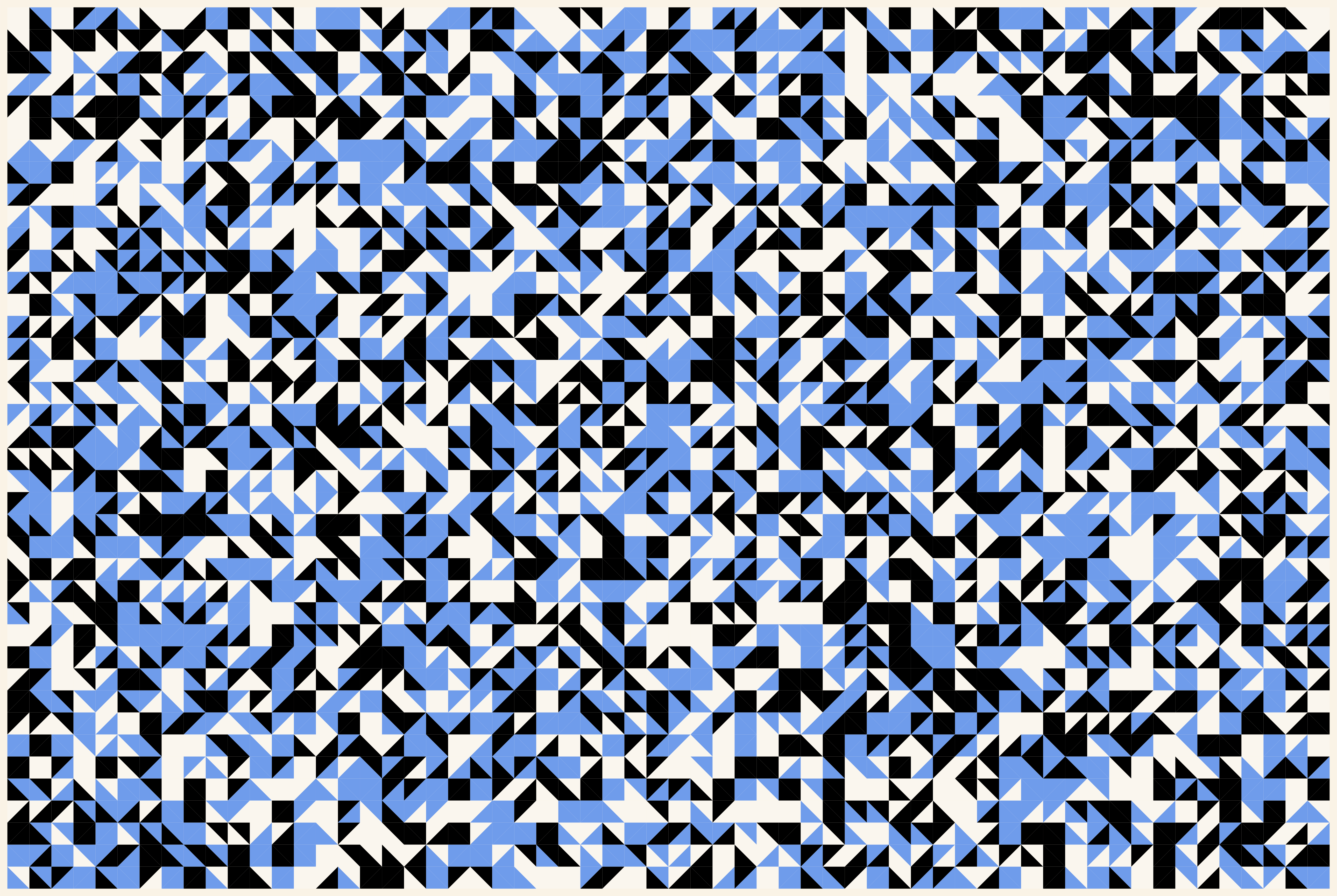 A geometric pattern of black, white, and blue triangles arranged in a grid.