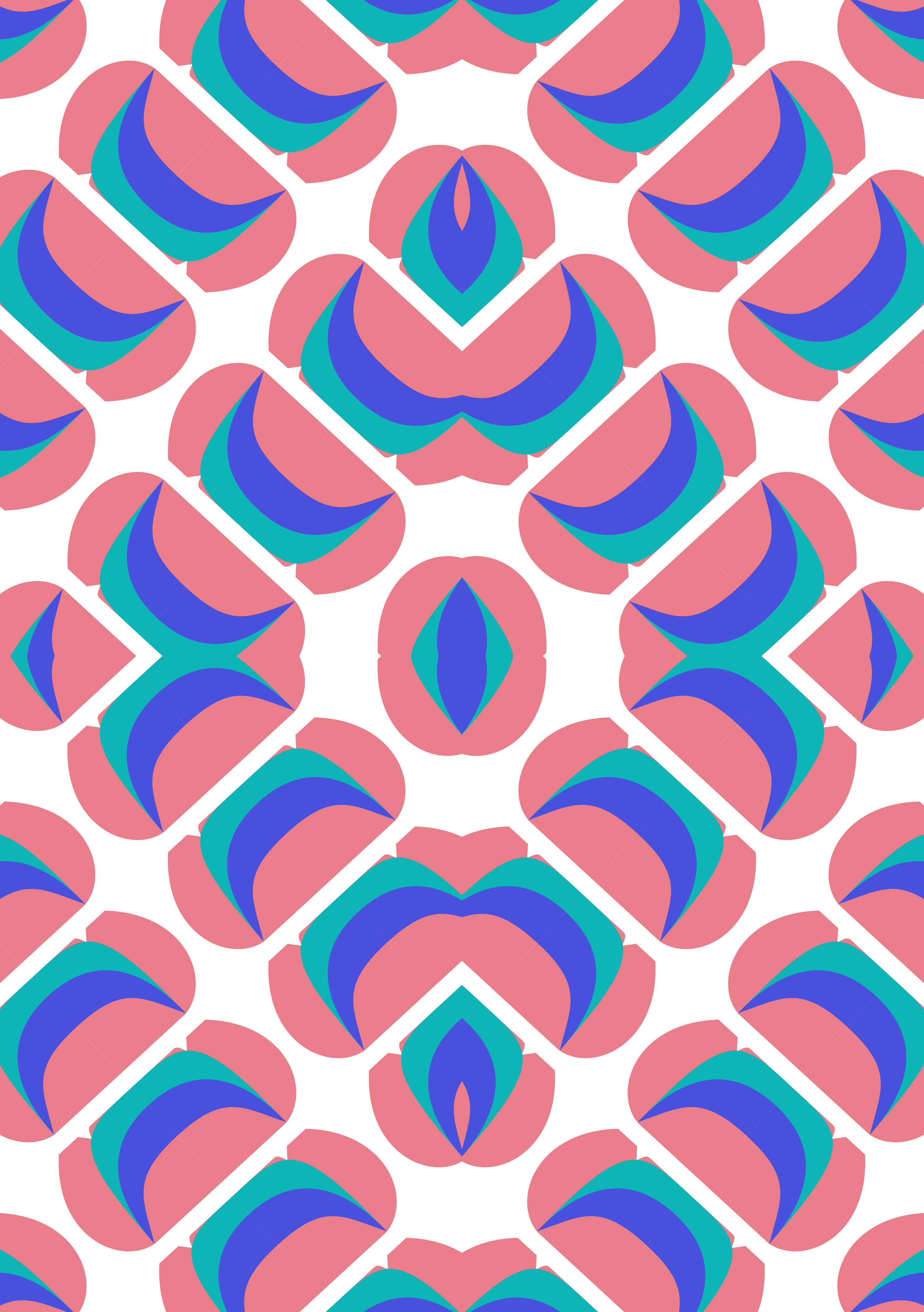 A repeating geometric pattern of pink, teal, and blue shapes on white.