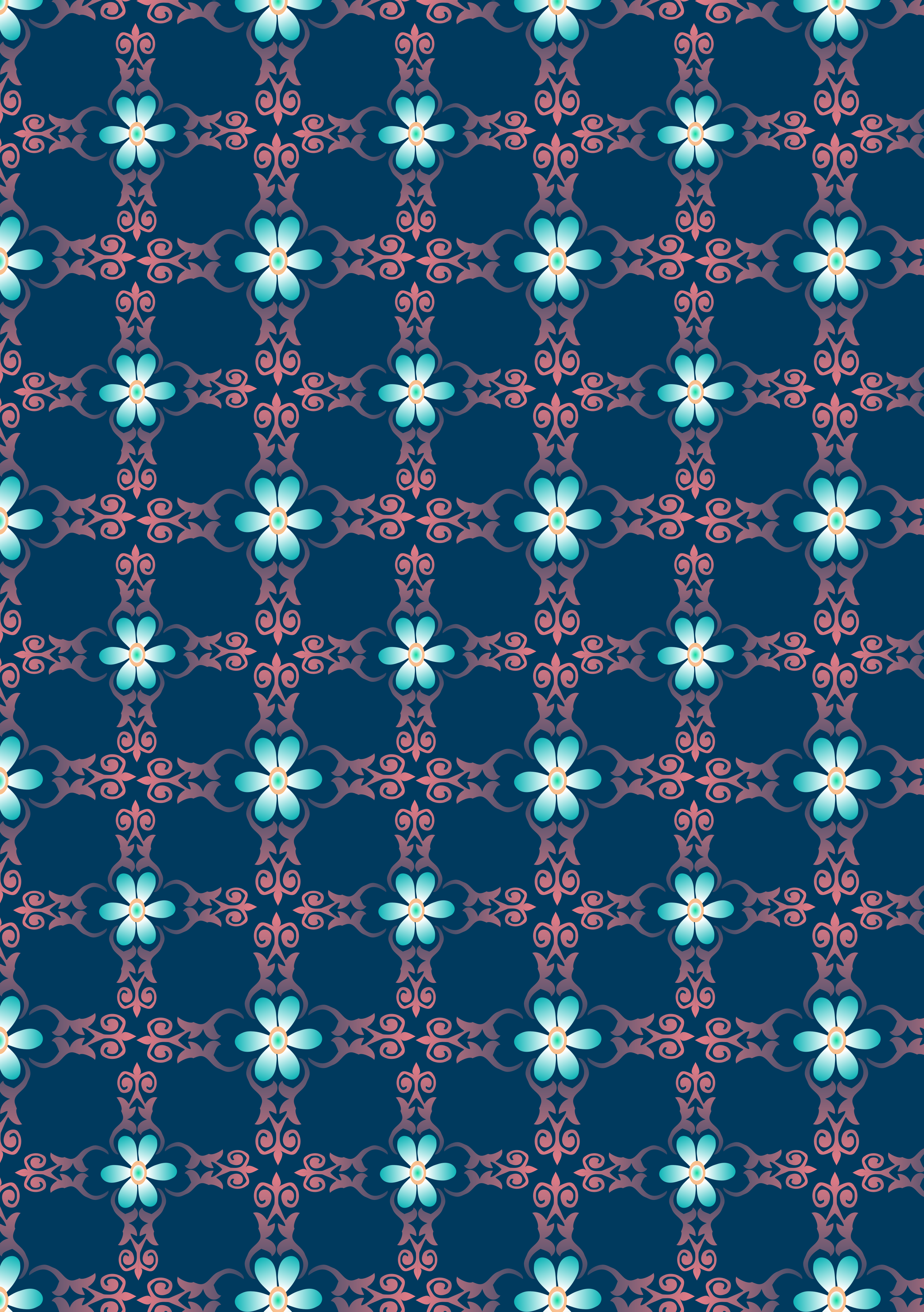 A repeating pattern of light blue flowers and pink scrollwork on a dark blue background.