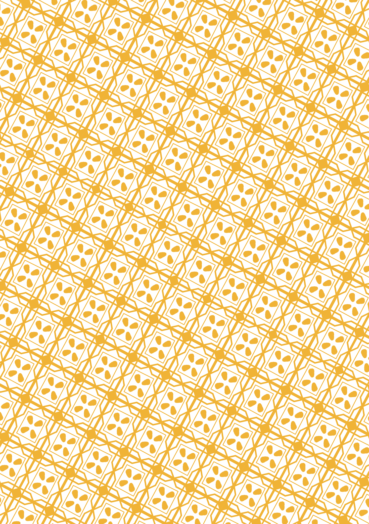 A repeating geometric pattern of yellow lines and four-petaled flower shapes on white.