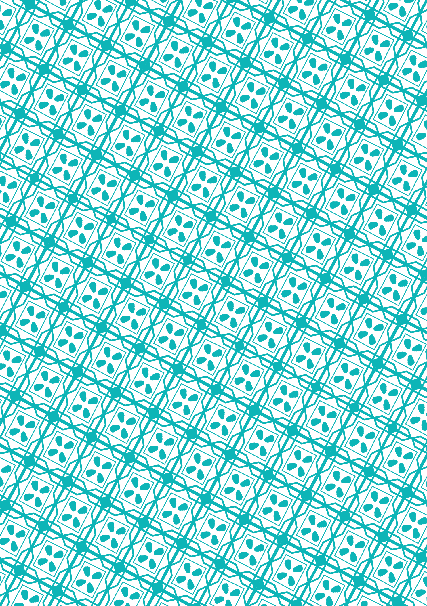 A repeating geometric pattern of teal lines and four-petaled shapes on white.