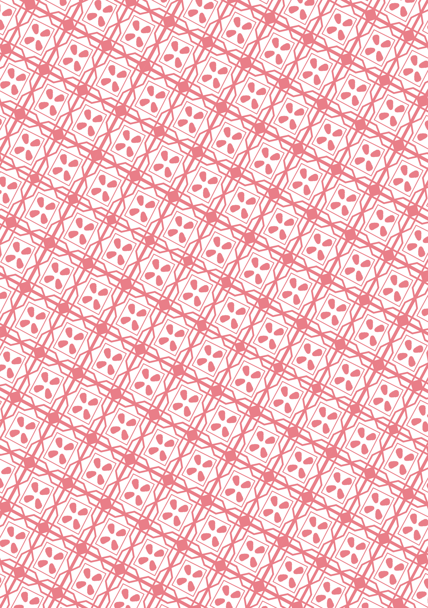 A seamless geometric pattern of pink lines and small flower shapes on white.