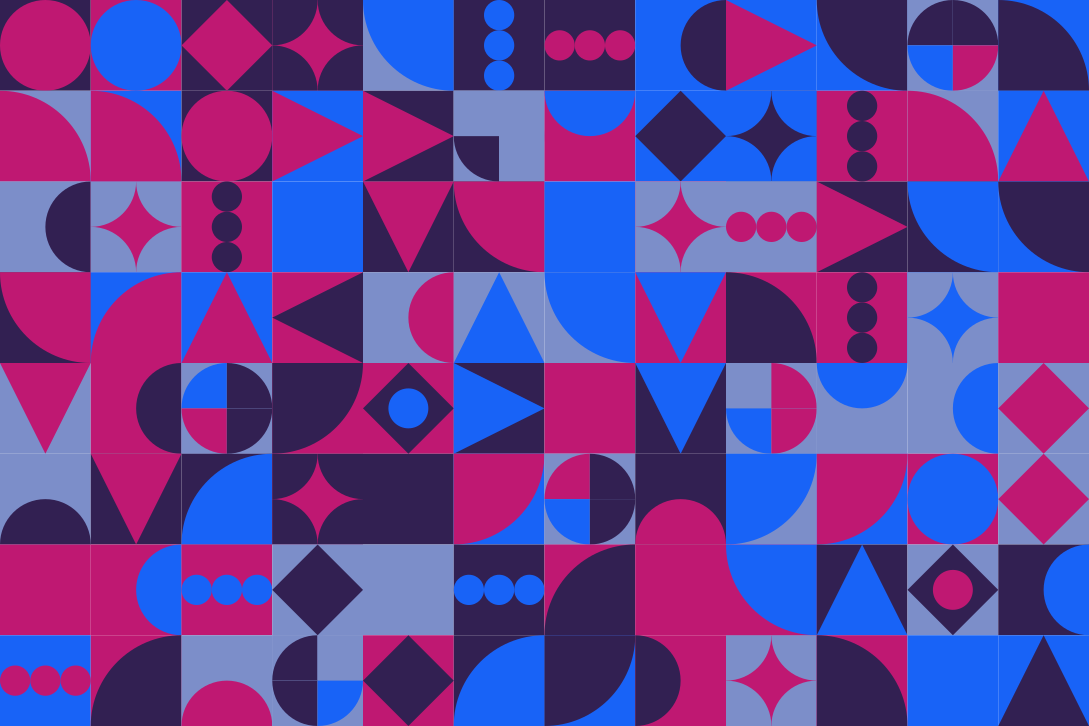 A grid of geometric shapes in shades of blue, purple, and pink.