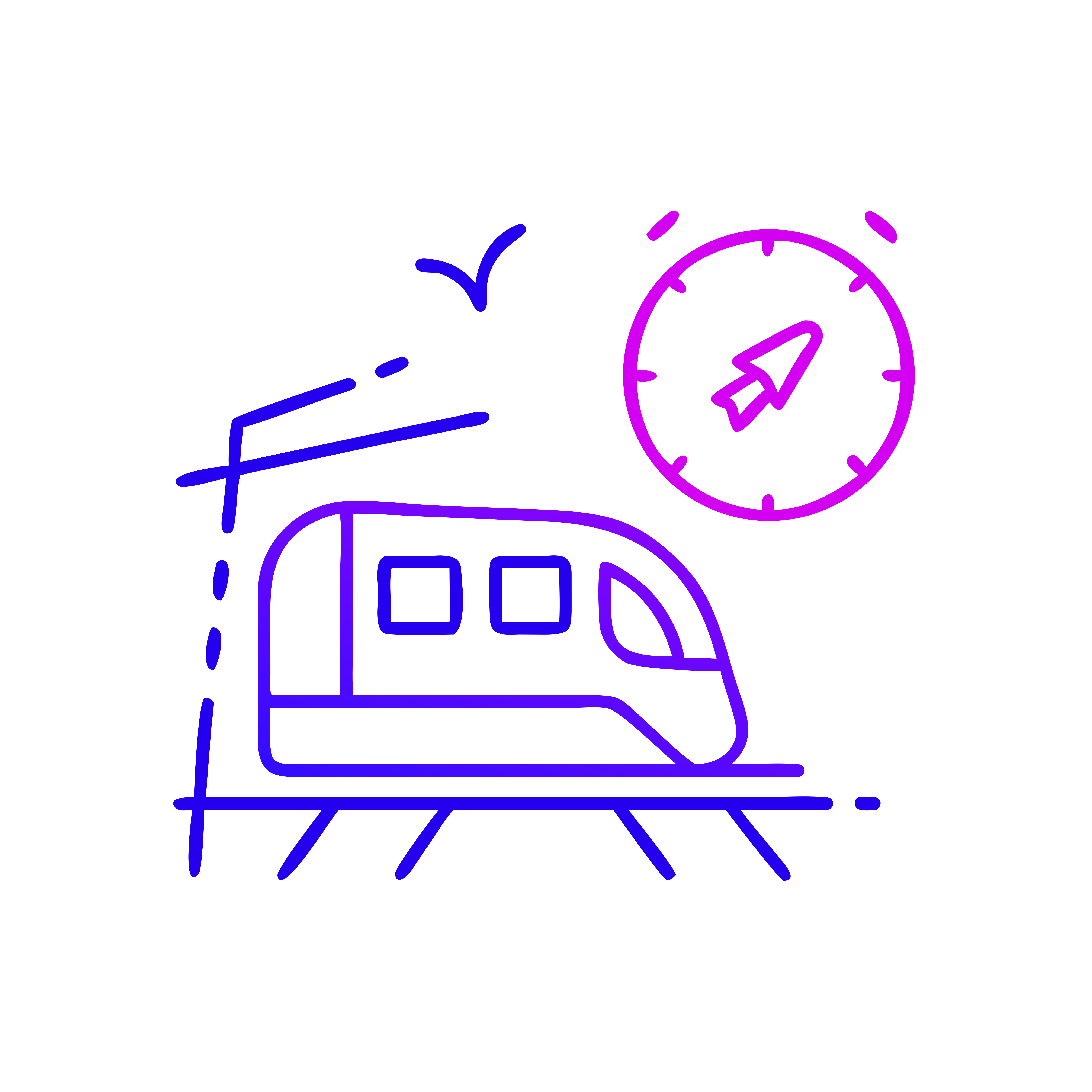 Un dessin au trait bleu et violet d’un train et d’une horloge