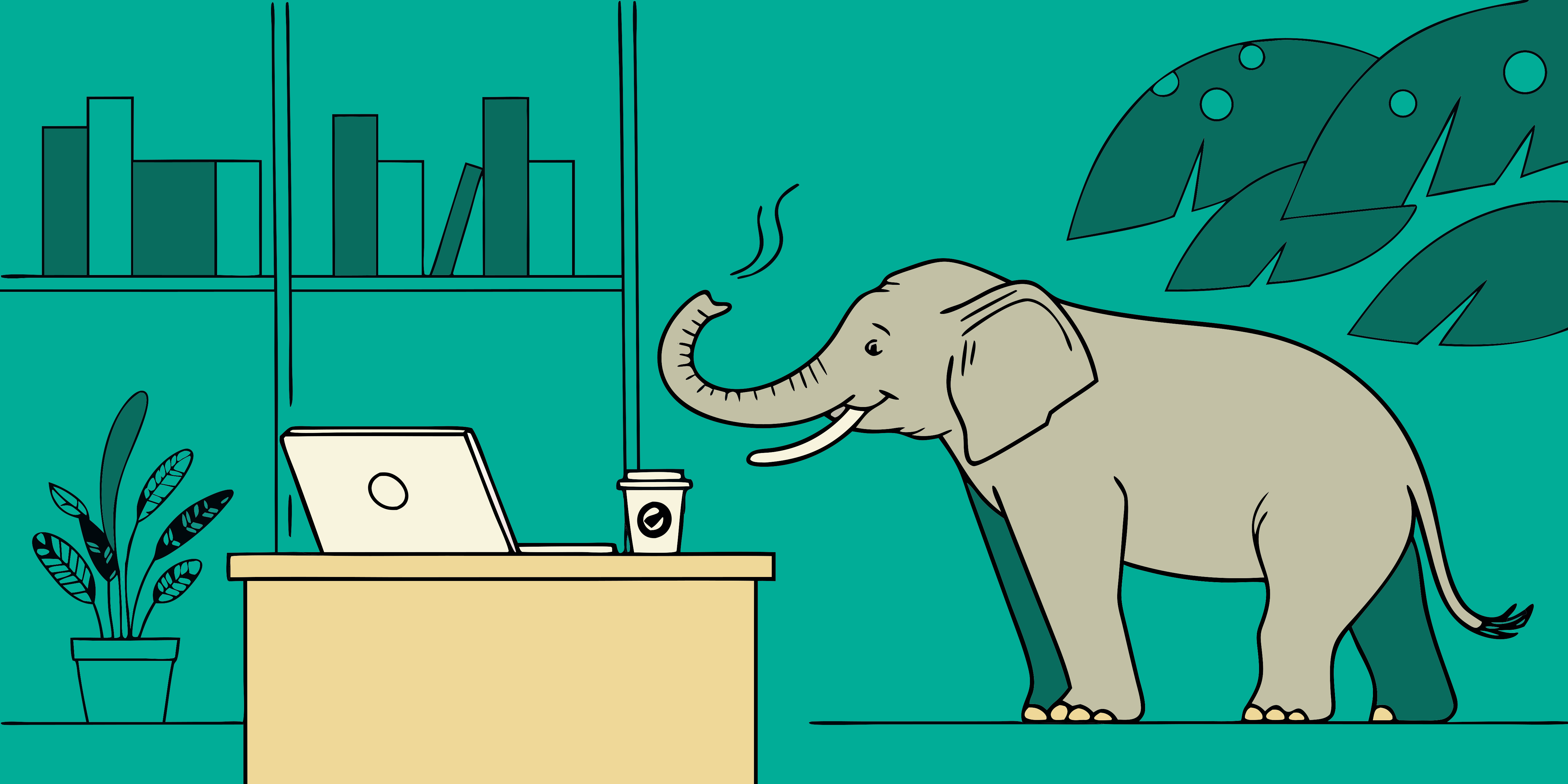 Un éléphant à un bureau avec un ordinateur portable et un café dans un espace de travail