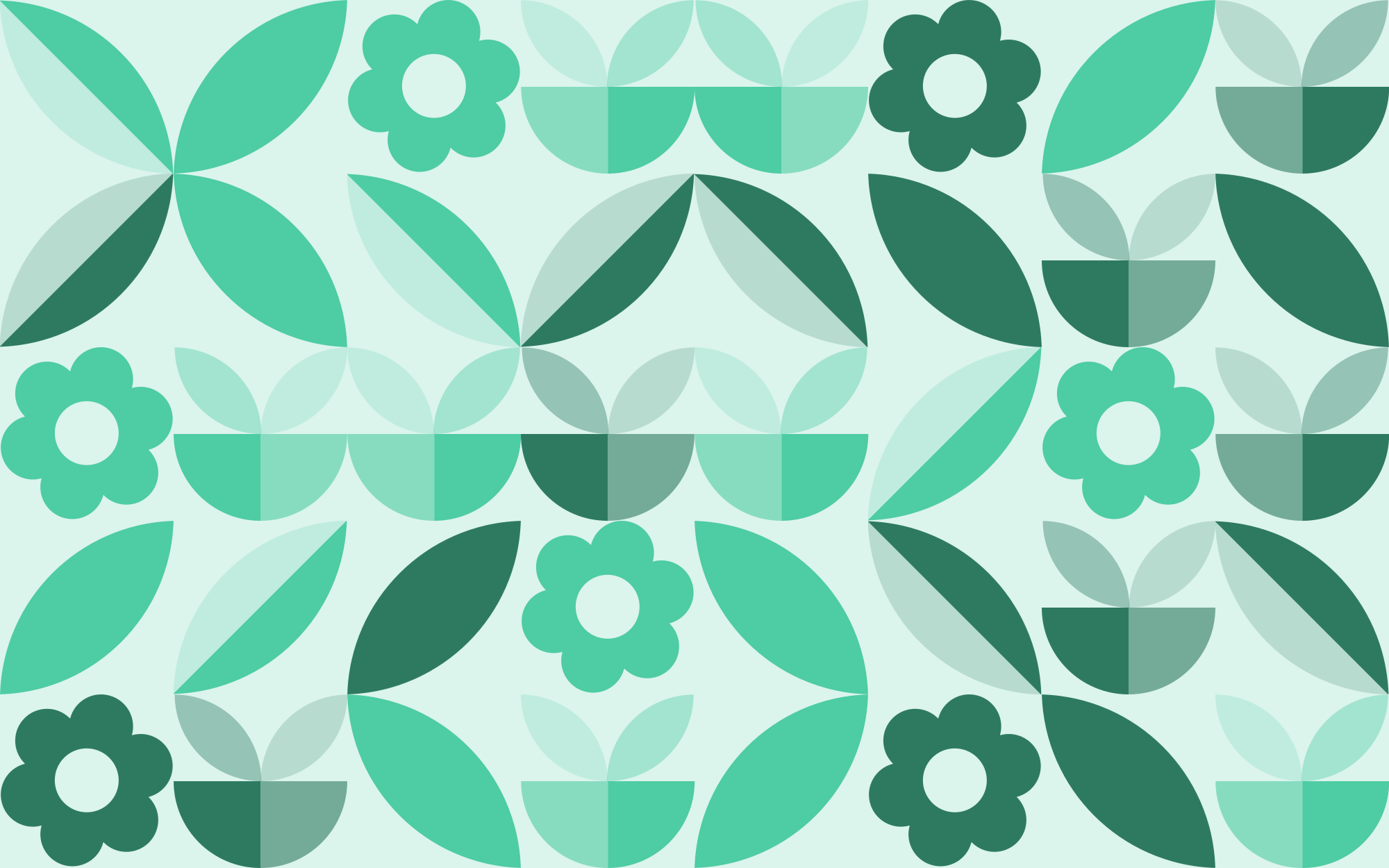 A seamless pattern of green flowers and leaves on a light green background.