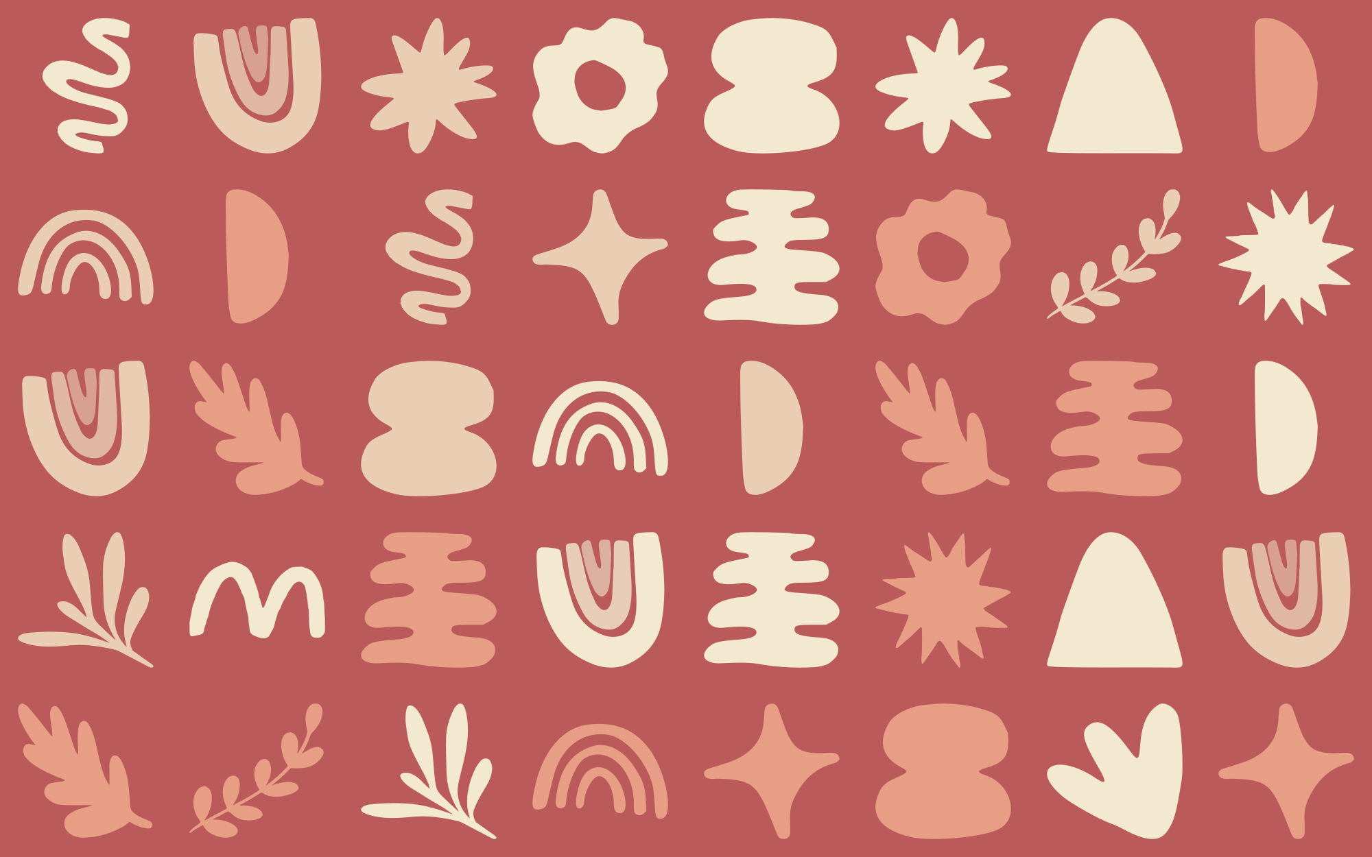 A repeating pattern of abstract shapes in cream and pink on a red background.