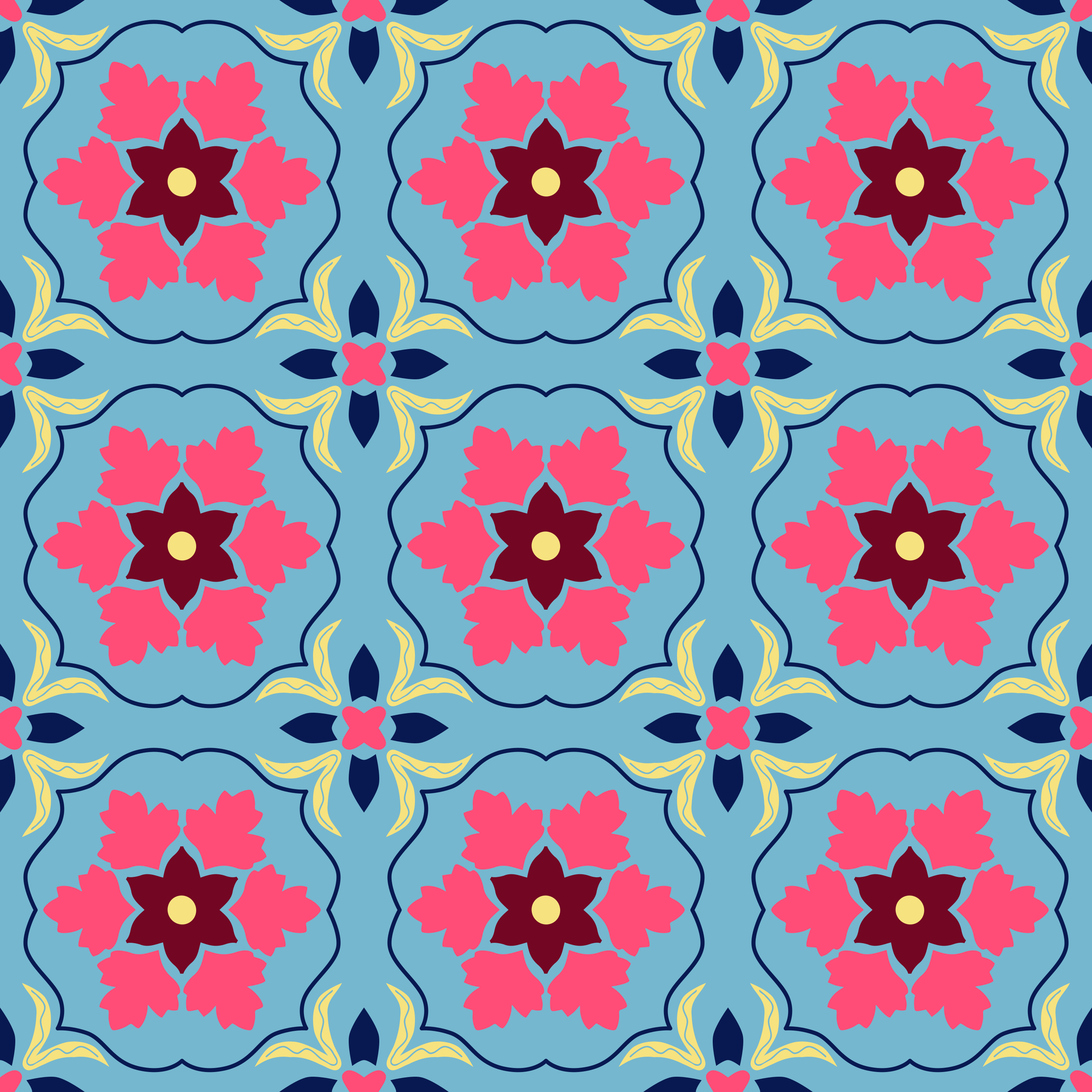 A seamless pattern of pink and dark red floral motifs on a blue background.