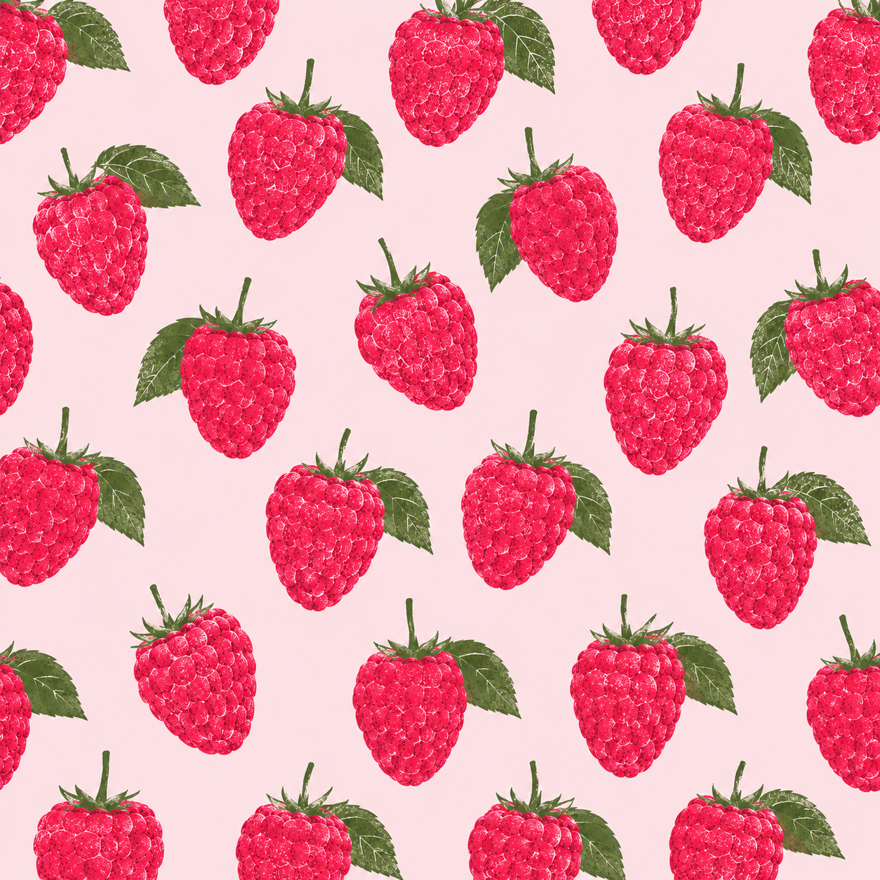 A repeating pattern of red raspberries with green leaves on a pale pink background.