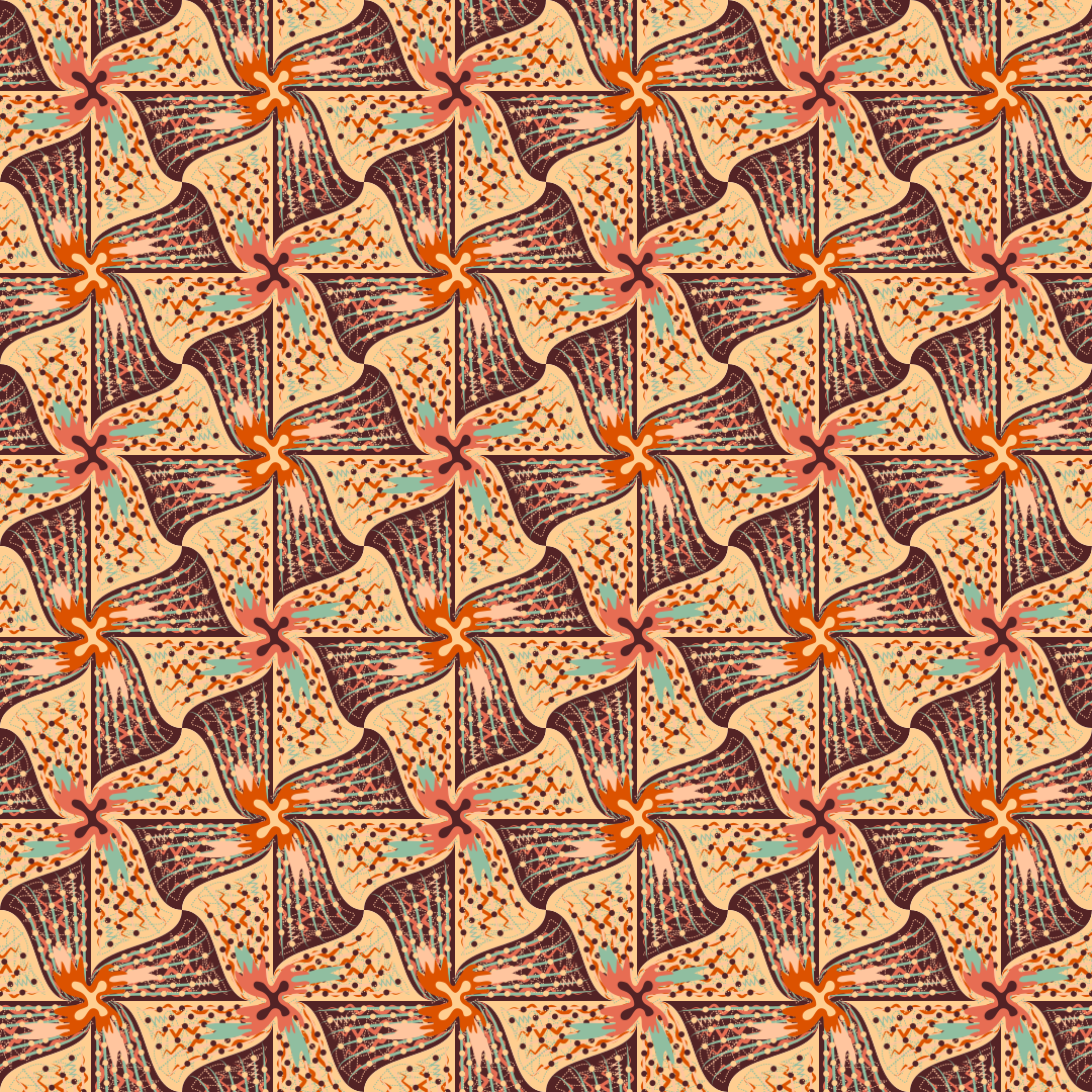 Un motivo geometrico ripetuto di forme marrone scuro e arancioni su uno sfondo crema