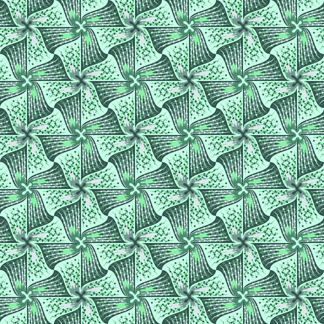 Pola geometris berulang dari bentuk kincir jarum hijau tua di atas latar belakang hijau muda
