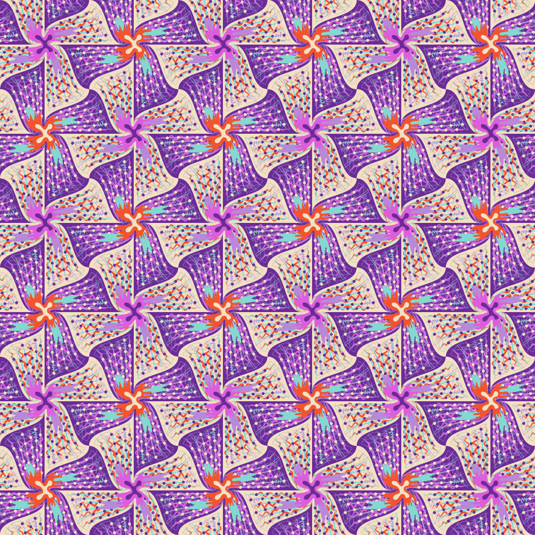 Un motivo geometrico ripetuto di spirali viola con accenti arancioni e turchesi