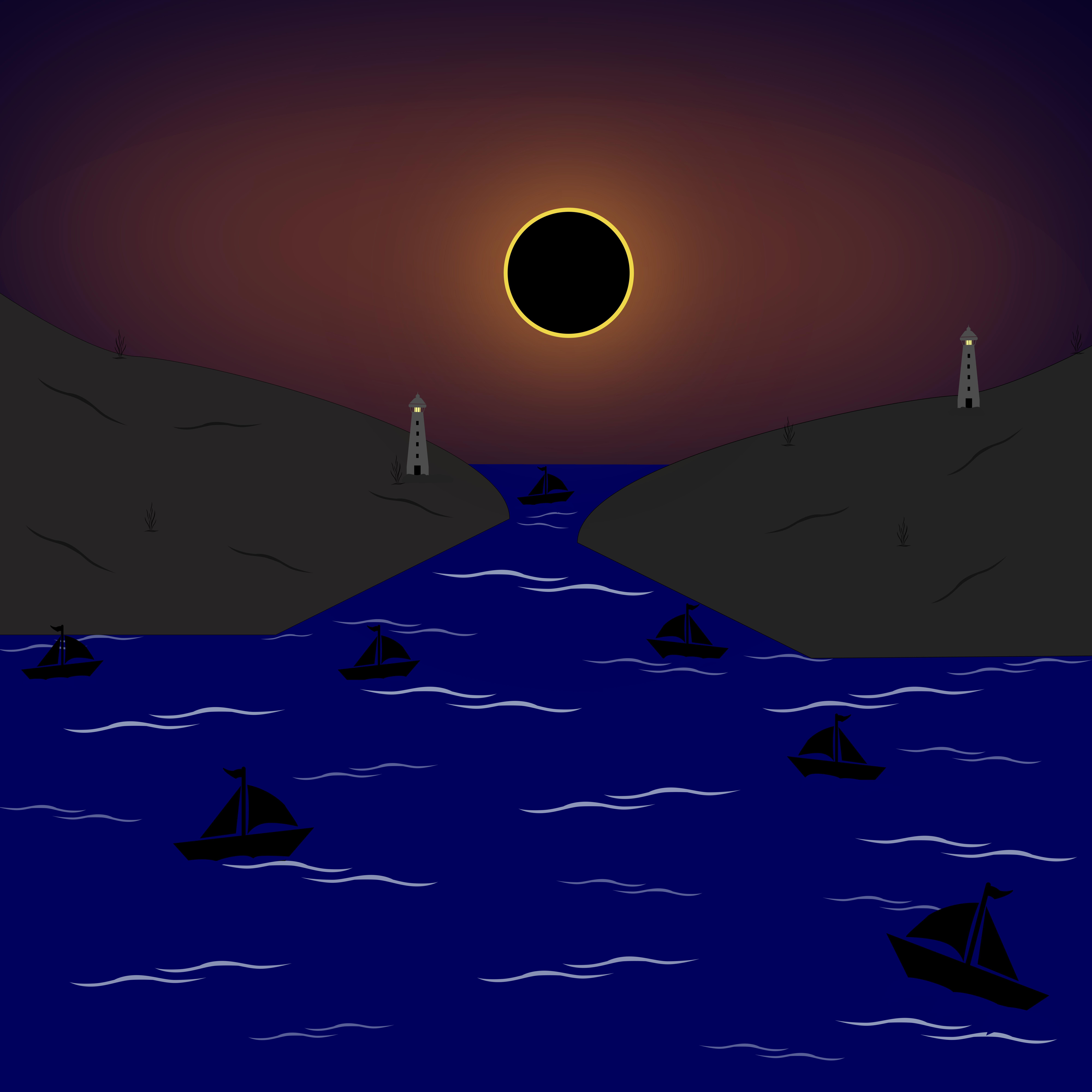 Eine Sonnenfinsternis über einem dunklen Kanal mit Segelbooten und zwei Leuchttürmen
