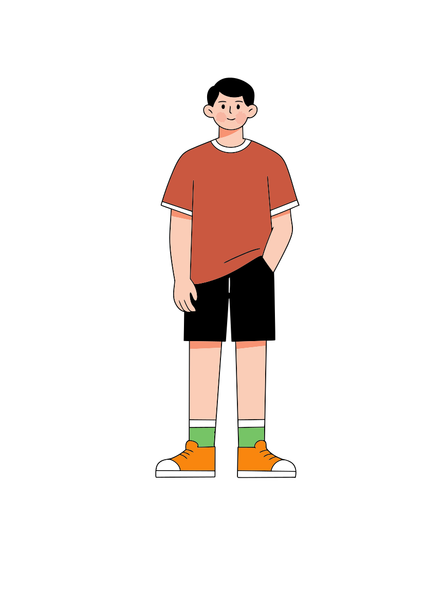 Eine Person in rotem T-Shirt, schwarzen Shorts, grünen Socken und orangefarbenen Turnschuhen