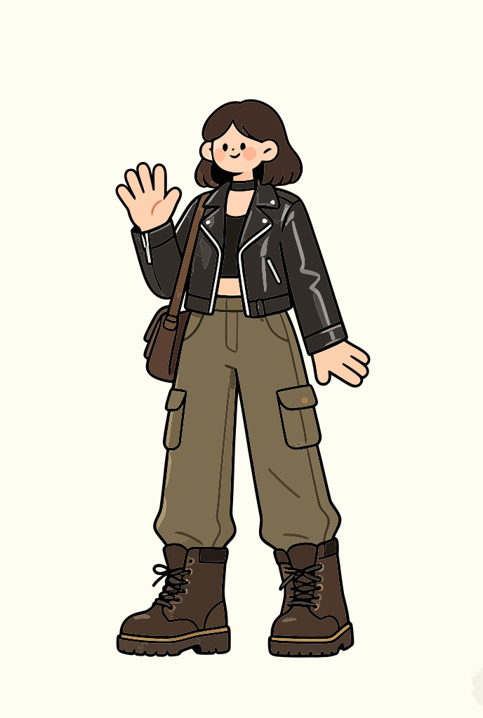 A person in a black leather jacket and cargo pants waving