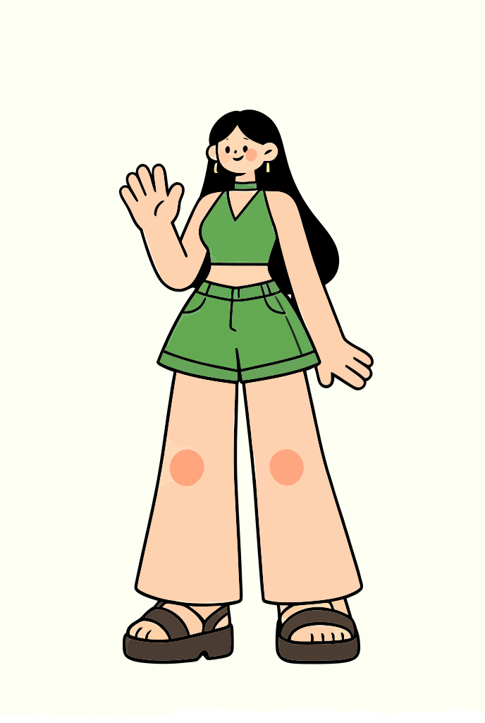 A woman with long black hair waving in a green top and shorts