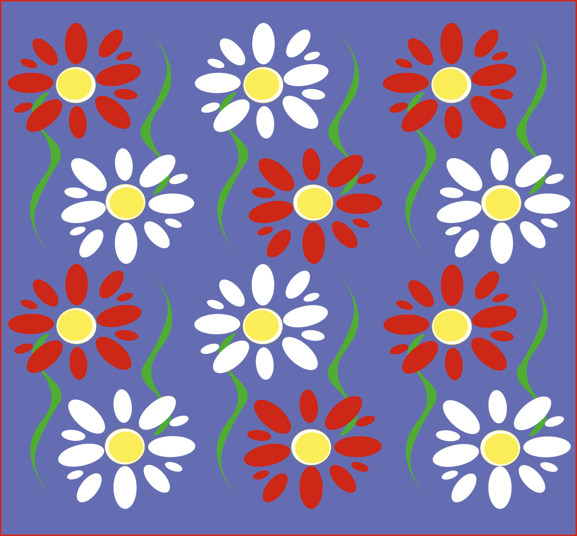 A repeating pattern of red and white daisies with green stems on blue.