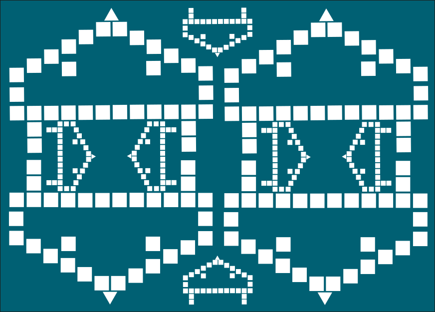 White pixelated geometric shapes arranged in a symmetrical pattern on a teal background.