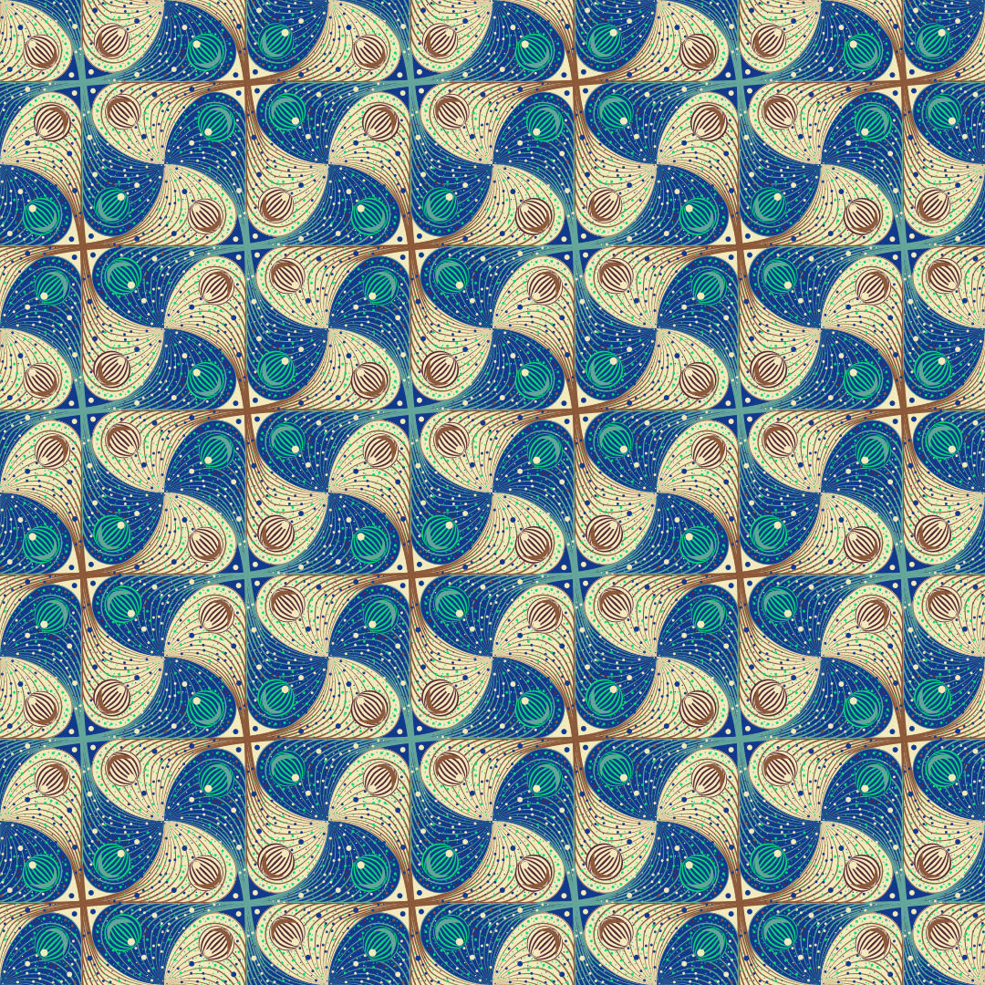 Um padrão repetitivo de formas azuis e creme em espiral com pequenos detalhes circulares