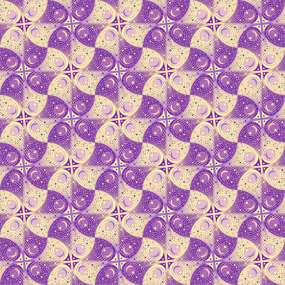 Un motif sans couture de lignes tourbillonnantes violettes et crème et de motifs circulaires
