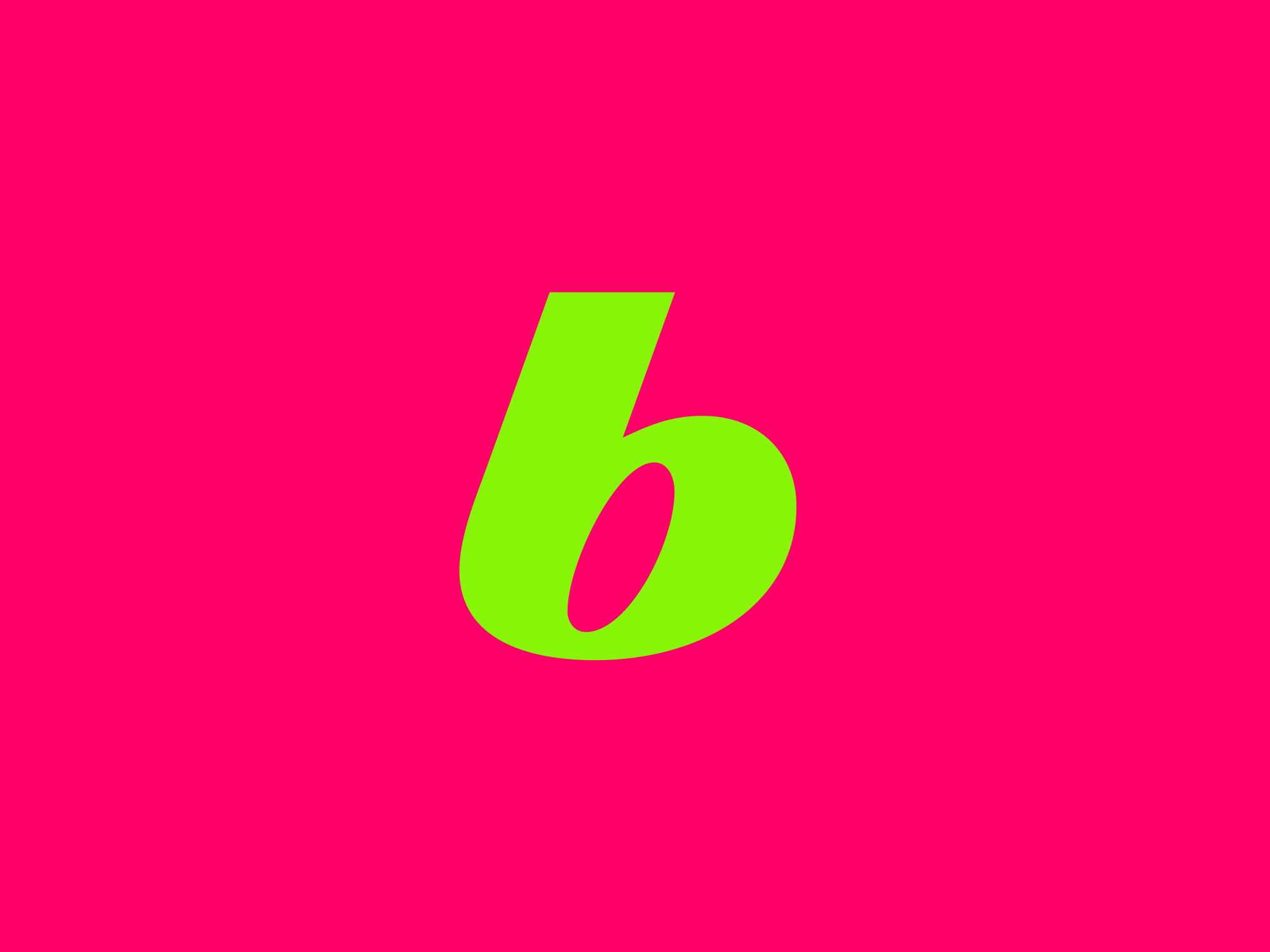 Uma letra b minúscula verde-limão sobre um fundo rosa choque vibrante.