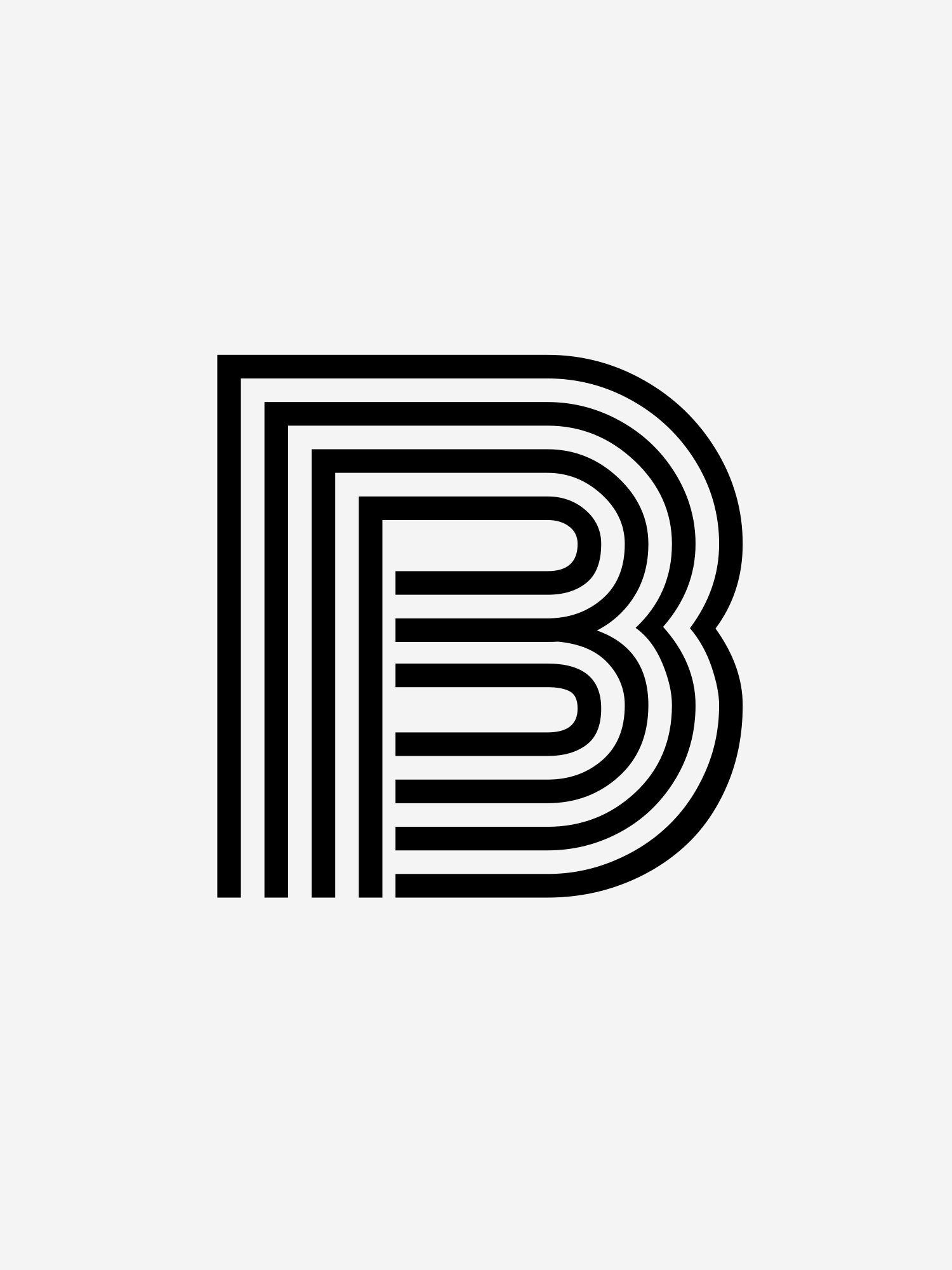 흰색 배경에 네 개의 평행선으로 이루어진 검은색 글자 B.
