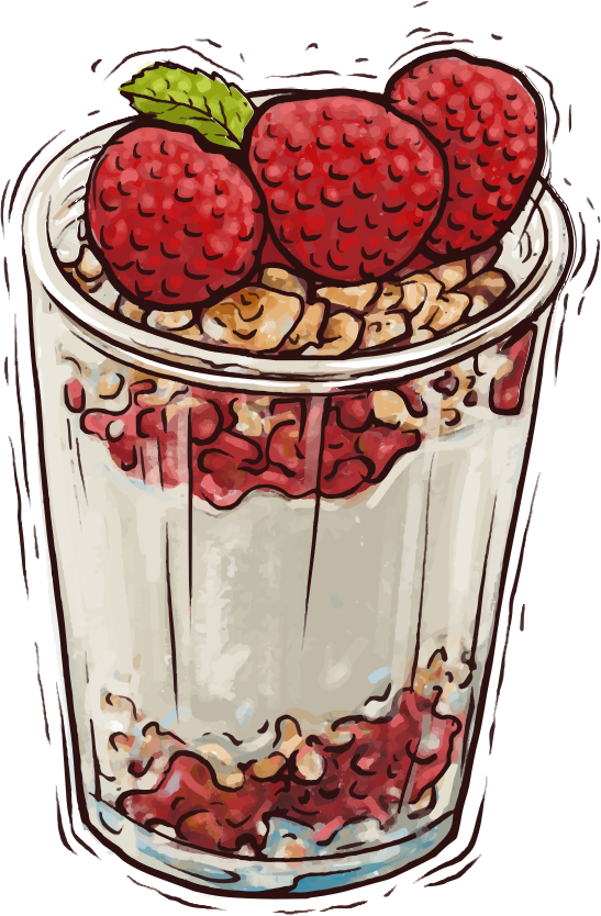 Segelas yogurt yang dilapisi granola dan raspberry dengan daun mint di atasnya