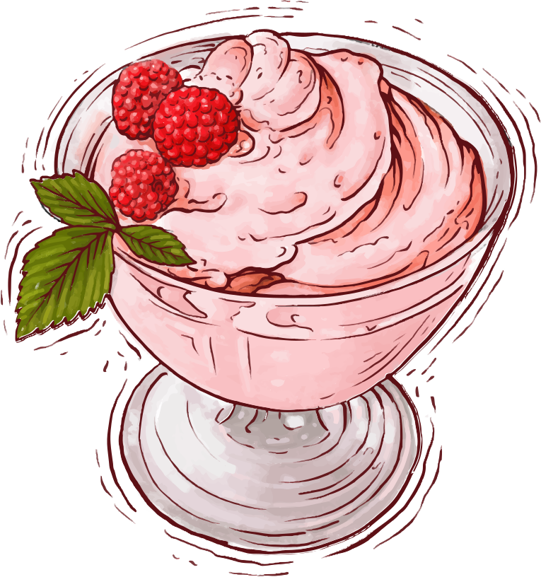 Uma tigela de vidro cheia de mousse rosa, coberta com três framboesas e folhas de hortelã