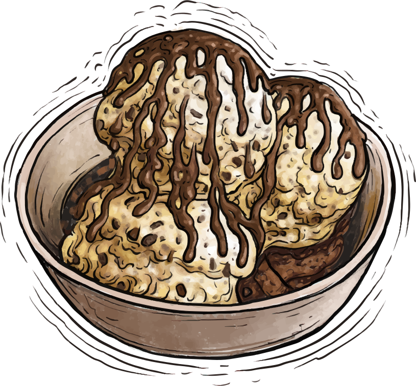 Tre palline di gelato con gocce di cioccolato versate con salsa al cioccolato in una ciotola