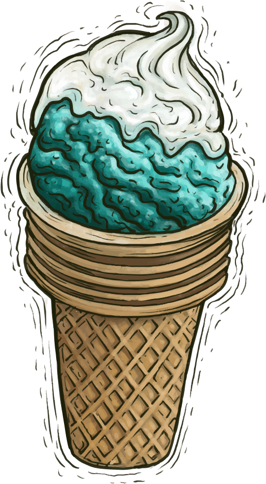 Uma bola de sorvete azul coberta com creme branco em um cone de waffle