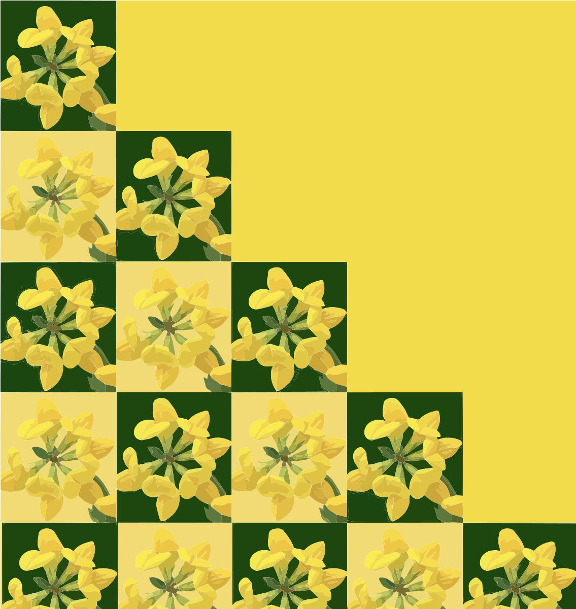 Un motif répétitif de fleurs jaunes sur des carrés alternant vert foncé et jaune clair