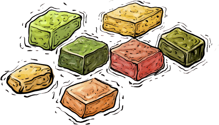 A group of colorful square food cubes on a white background