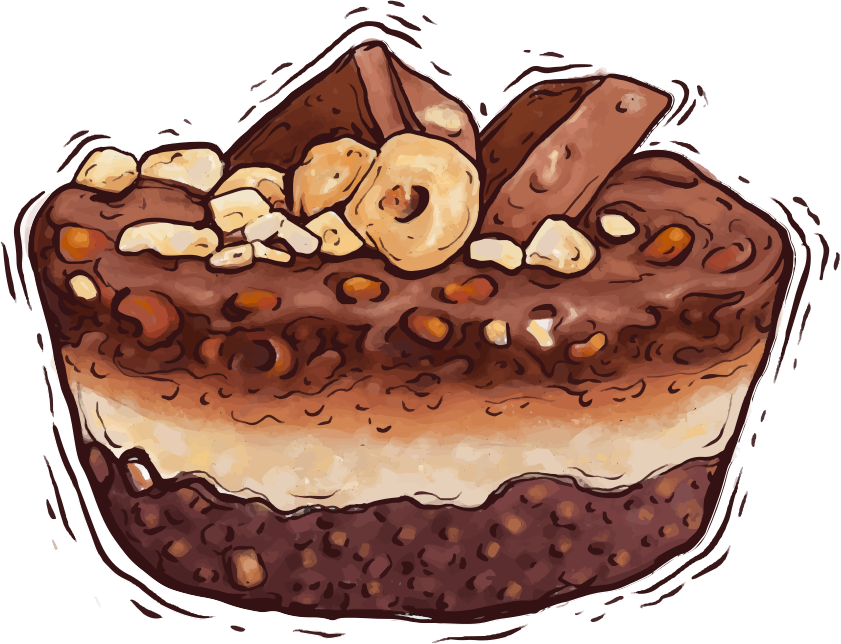Hidangan penutup cokelat berlapis yang dihiasi kacang cincang dan potongan cokelat