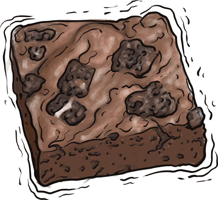 Un brownie quadrato al cioccolato con pezzi di biscotto scuro su sfondo bianco
