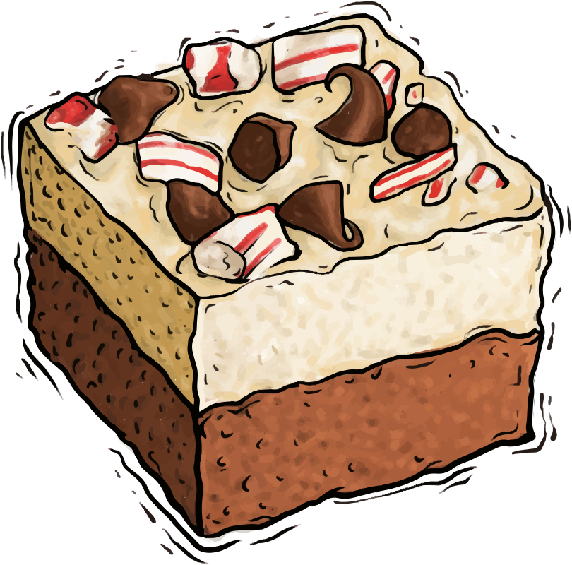 Ein quadratischer Brownie, garniert mit weißem Zuckerguss, Schokostückchen und zerstoßener Pfefferminzbonbons
