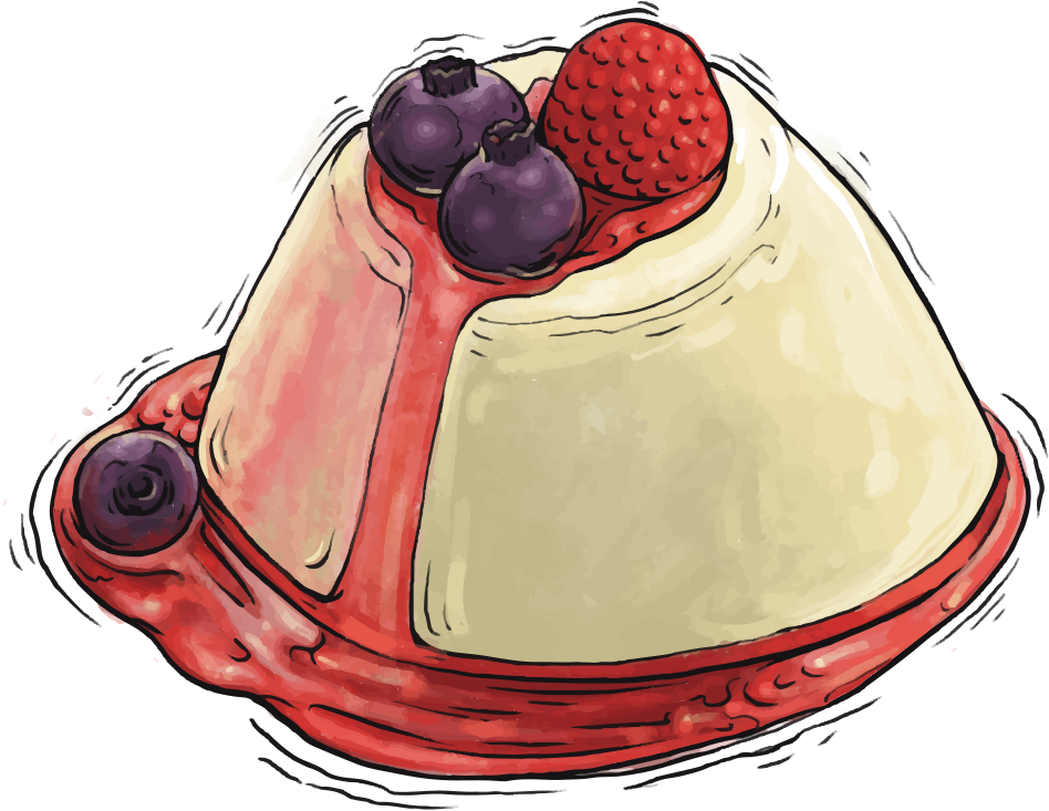 Una panna cotta cremosa guarnita con mirtilli freschi e una fragola