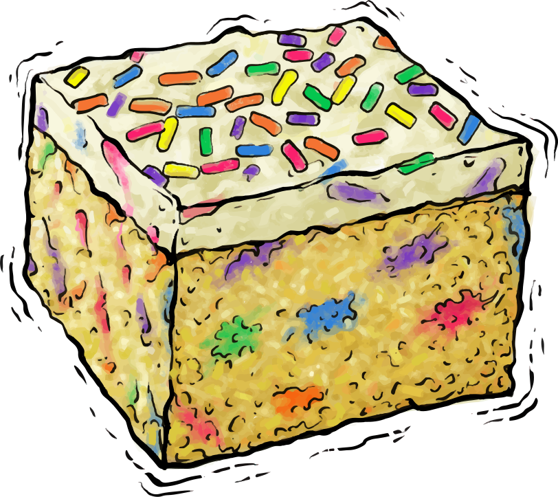 Ein quadratisches Stück Kuchen mit weißer Glasur und bunten Streuseln
