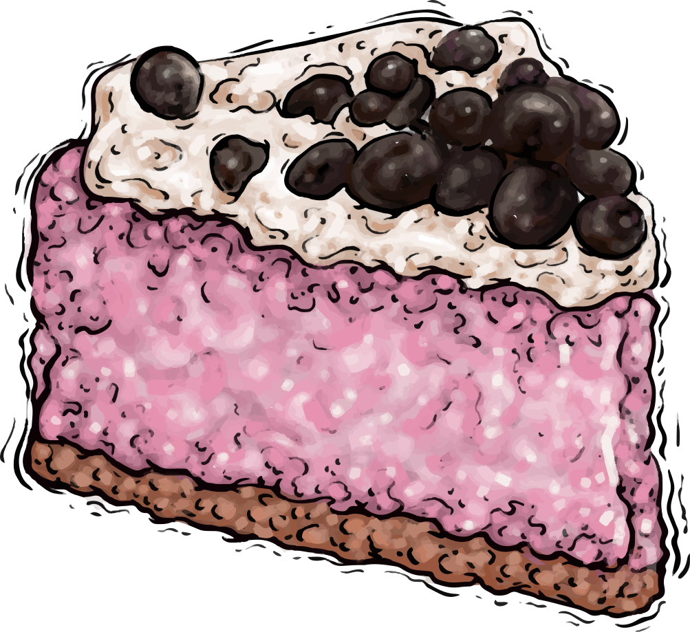 Ein Stück rosa Beeren-Käsekuchen, garniert mit Blaubeeren auf braunem Boden