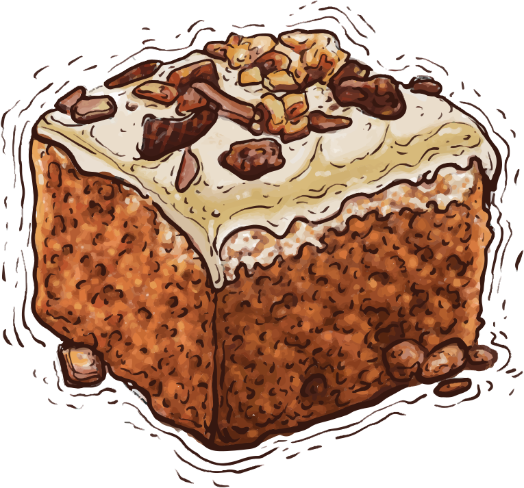 Ein quadratisches Stück Karottenkuchen mit Frischkäseglasur und gehackten Walnüssen