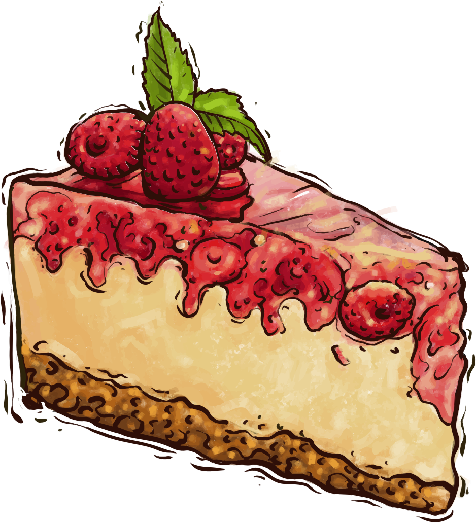 Ein Stück Käsekuchen, garniert mit roten Himbeeren und einem grünen Minzblatt
