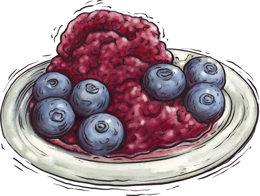 Ein Haufen roter Beerenkompott, garniert mit frischen Blaubeeren auf einem Teller