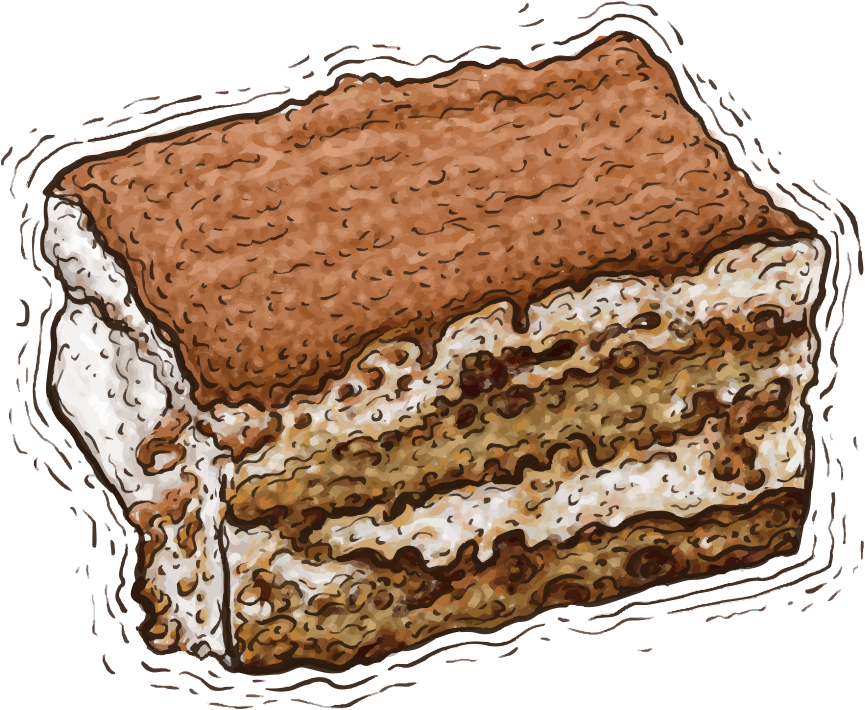 Eine quadratische Scheibe von geschichtetem Tiramisu-Kuchen mit Kakaopulver bestäubt