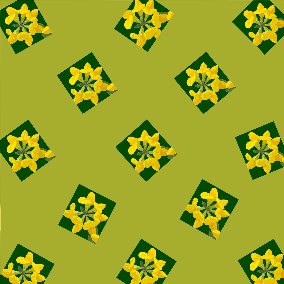 Un patrón repetitivo de flores amarillas sobre cuadrados verde oscuro sobre un fondo lima