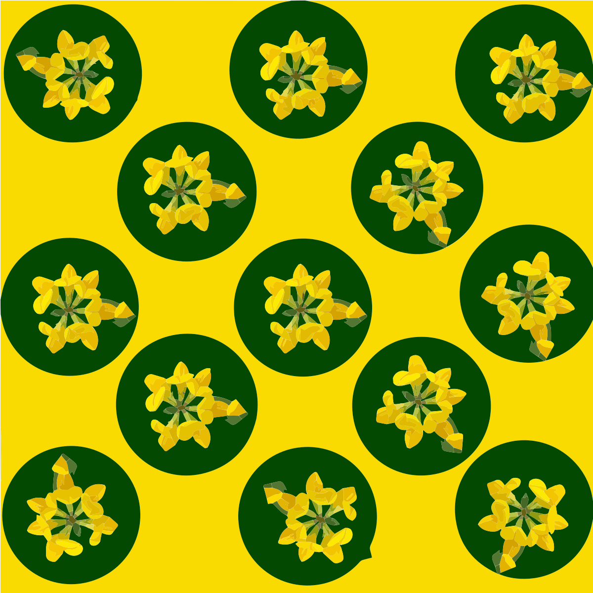 Un motif répétitif de fleurs jaunes à l’intérieur de cercles vert foncé sur fond jaune