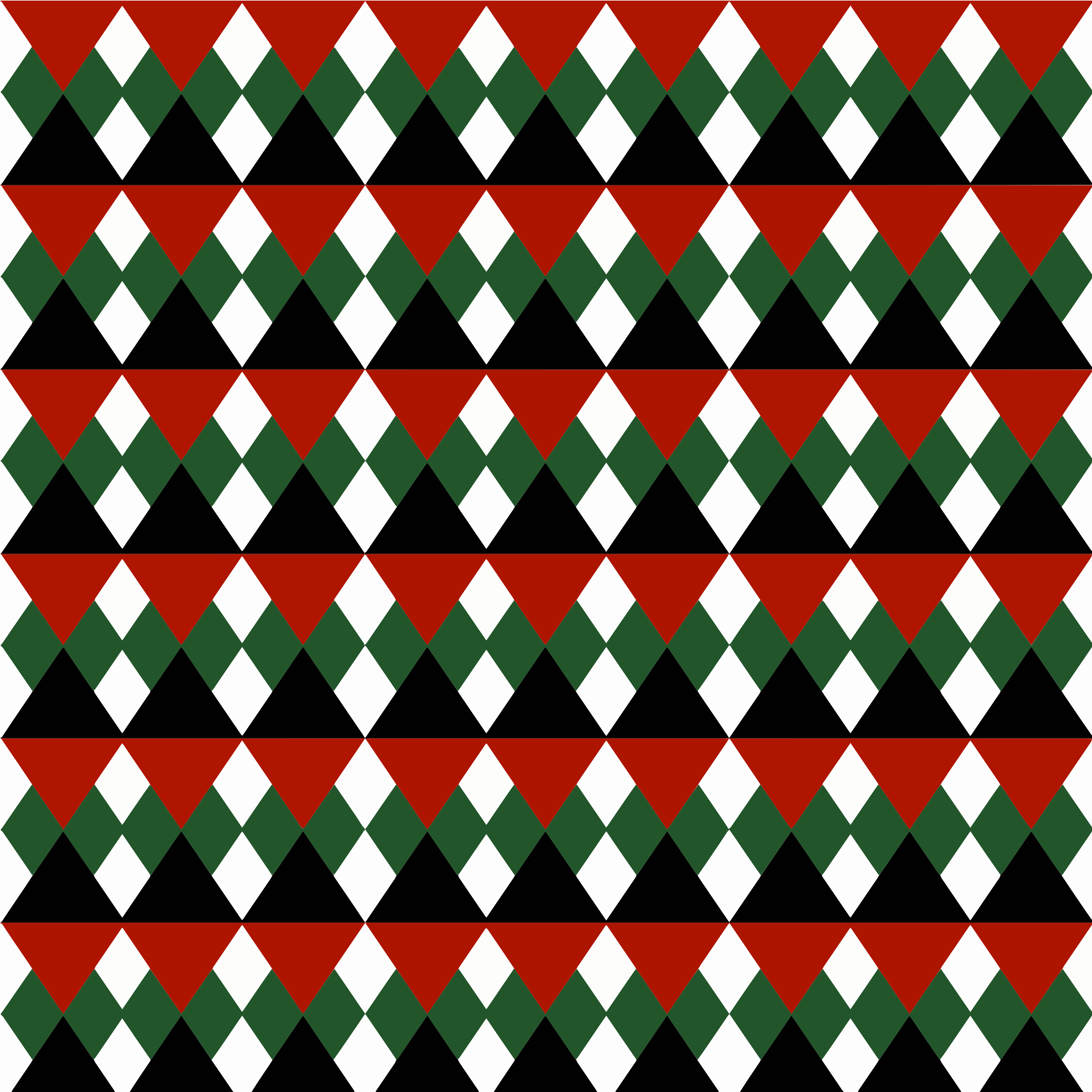 Pola geometris berulang dari segitiga merah, hijau, hitam, dan putih