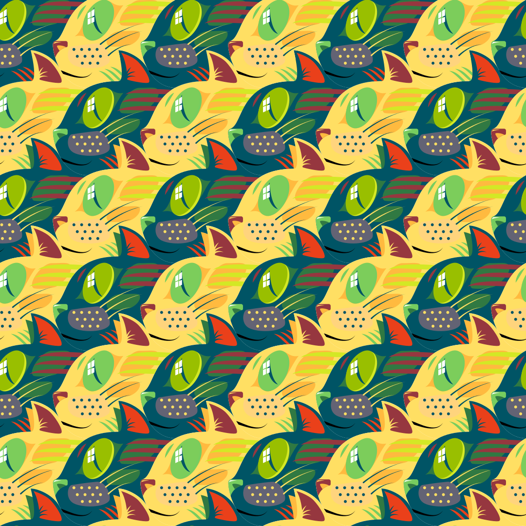 Un motif répétitif de visages de chat stylisés en jaune, vert et bleu foncé